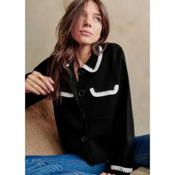 NWT Sezane Betty Cardigan Black Ecru Crochet Size M - Picture 4 of 7